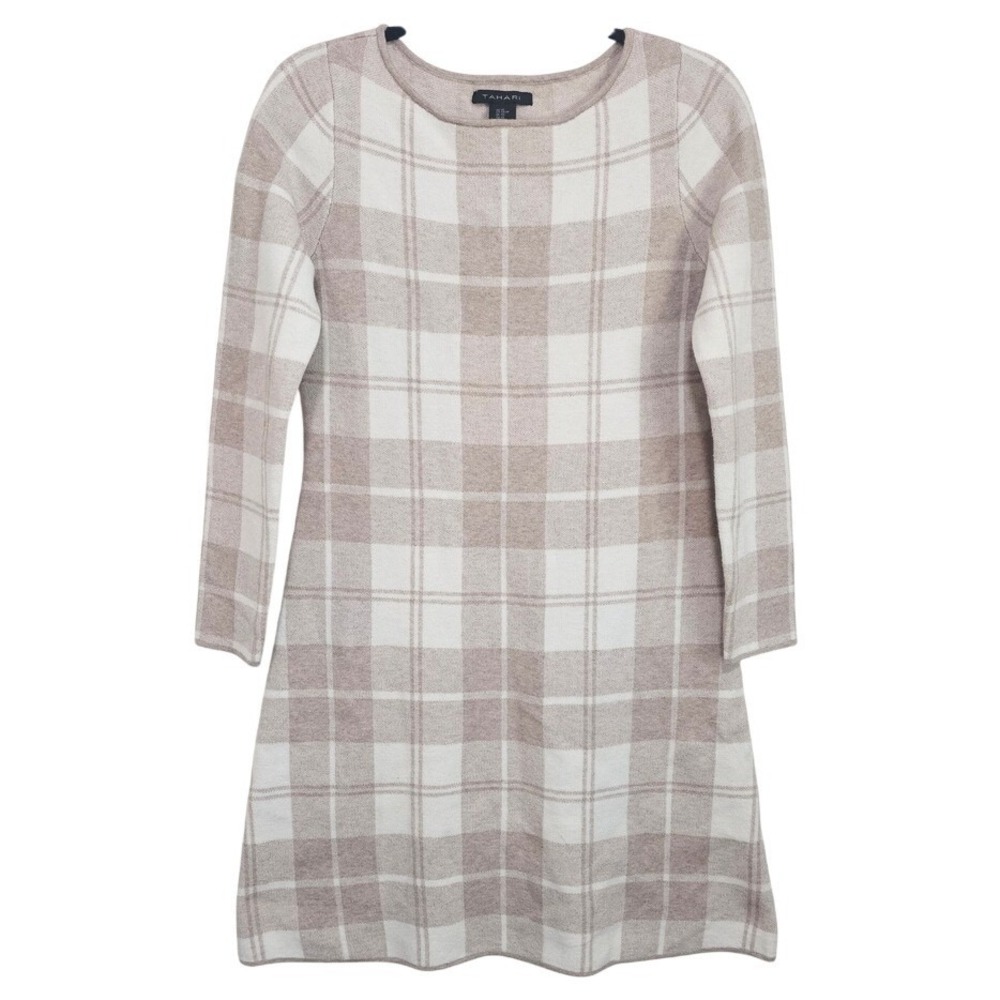 Tahari Sweater Dress XS Beige Plaid Knit Long Sleeve Boat Neck Mini Shift ~